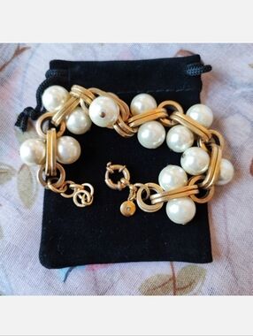 J. Crew Signed Heavy Brass Glass Pearl Link Chain Bracelet Lifesaver Clasp EUC